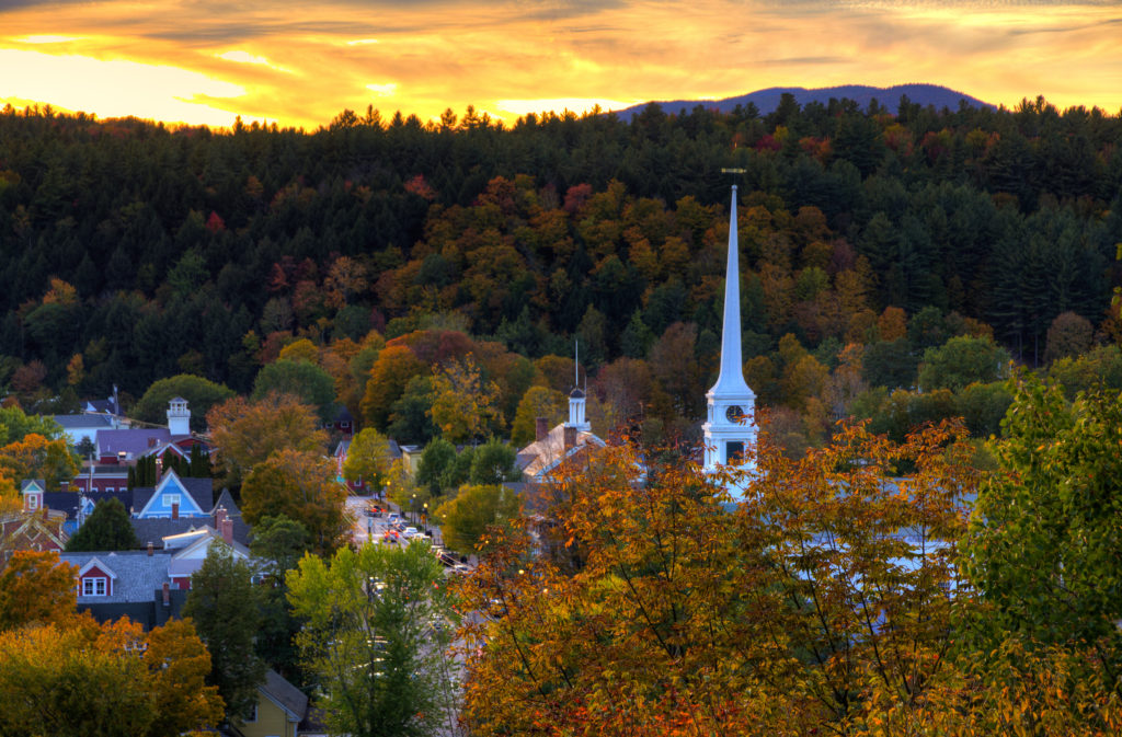 Aerial view of Stowe, Vermont during the autumn